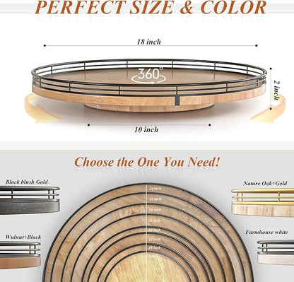 AMH 18-Inch Extra Large Farmhouse Oak Lazy Susan Organizer | Smooth rotating oak tray with walnut finish for dining tables, kitchen counters, pantries and cabinet storage.