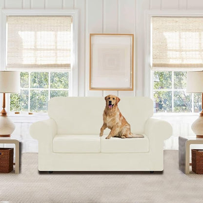 WEERRW Velvet Stretch 3 Pieces Couch Cover for Sofa Washable, Ivory | Love Seat Couch Covers for 2 Cushion Couch Sofa Furniture Protector slipcoves with Elastic Bottom for Kids, Medium