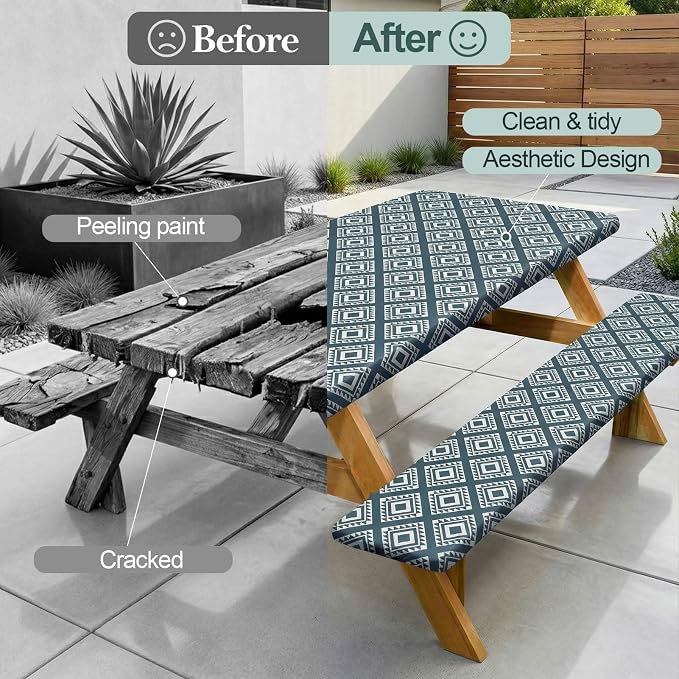 Picnic Table Cover Bench Covers Camping Essentials Tablecloth | Waterproof Vinyl for Outdoor, Windproof Elastic Fitted Edges, RV BBQ Accessories Must Haves, Storage Bag Included