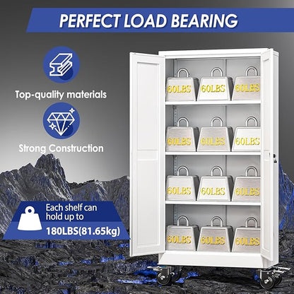 61" Metal Garage Storage Cabinet with Wheels and Locking Doors and Tall Rolling Steel Tool Cabinet with 3 Adjustable Shelves for Garage,Home,Office,Shop (White, 61''H x 28''W x14''D)