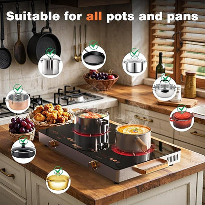 2 Burner Electric Cooktop - 24 Inch Portable Electric Stovetop 110V, 2000W Countertop Tow Burner Ceramic Cooktop with LCD Control Panel, Child Lock, Timer, Knob Control with Plug (Golden)