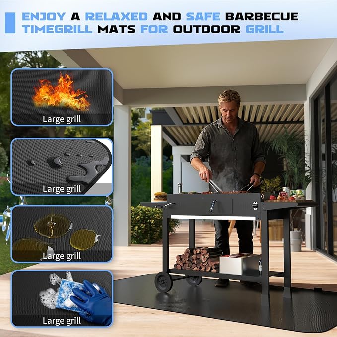 65 x 48 Grill Mat for Outdoor Grill, 20 mil Fire Resistant BBQ Pad | 20 mil fiberglass under grill mat with silicone fire coating; helps protect decks and patios from grease, sparks & BBQ mess.