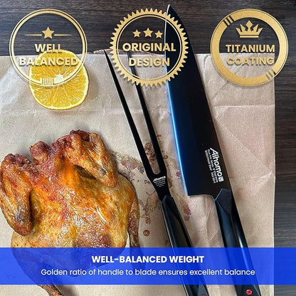 Razor-Sharp Carving Knife & Fork Set, BBQ Essential Chef Knife & Carving Fork Full Tang Design, Professional Knives and Fork for Grilling, Ideal Gift Box for Chefs