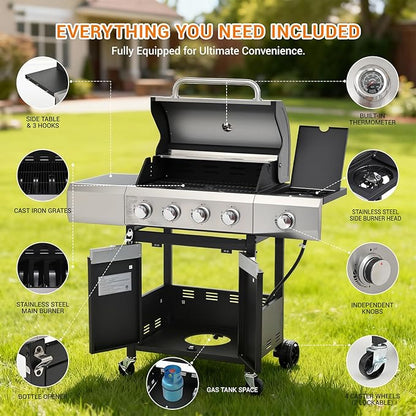 EUHOME Upgraded 51,000 BTU Stainless Steel Burner Barbecue Grill, 4 Burner BBQ Propane Gas Grill with Side Burner, 452 sq. in Cooking Area with Porcelain for Patio, Camping, Outdoor Cooking