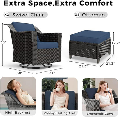 4 Pieces Patio Conversation Furniture Set - 2 Swivel Chairs, 2 Ottomans, Outdoor Wicker Furniture with Removable Cushions for Porch, Balcony, Sunroom (Blue)