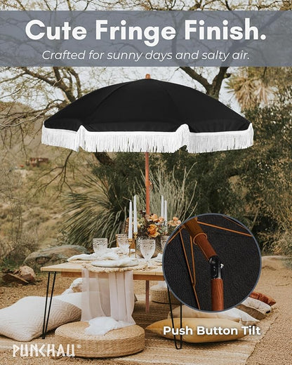 6 Ft Fringe Patio Umbrella - Outdoor Umbrella for Patio, Pool, Table, Garden, Deck, Beach, and Outdoors - Fashionable Boho Vintage Tassels & Wood Print - Push Button Tilt Pole