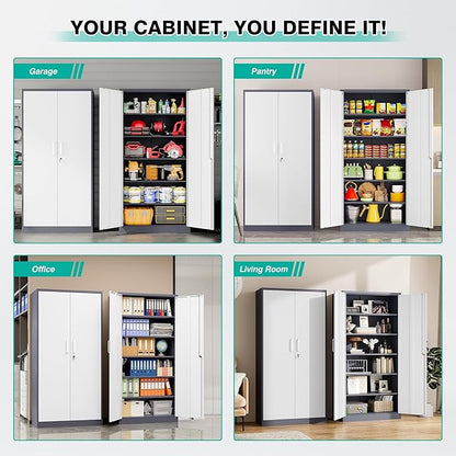 Wide & Deep Metal Storage Cabinet with 2 Doors and 5 Adjustable Shelves,72 inch Tall Locking Garage Storage Cabinet with Lock,Gray White Pantry Cabinets,Steel Cabinets for Home,Office,Garage 72x36x18