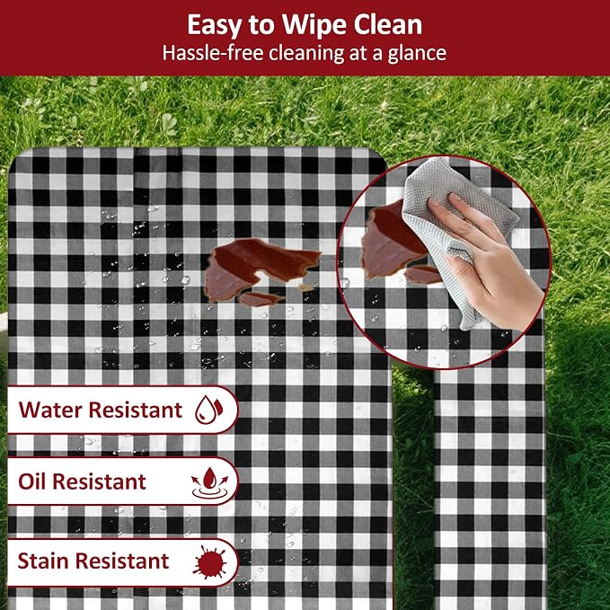 8.5ft 102in Picnic Table and Bench Cover, 3 Pack, Black Checkered | Drawstring Bag, Waterproof Windproof, Elastic Fitted Edges Tablecloth, for Rectangle Table & Seat, Camping Essentials RV Gear