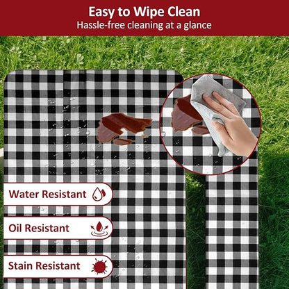 8.5ft 102in Picnic Table and Bench Cover, 3 Pack, Black Checkered | Drawstring Bag, Waterproof Windproof, Elastic Fitted Edges Tablecloth, for Rectangle Table & Seat, Camping Essentials RV Gear