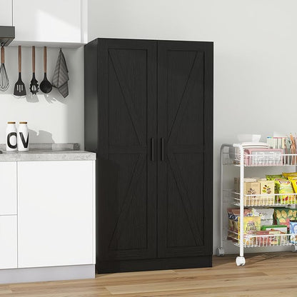 Wooden Storage Cabinet, Collection Food Pantry Narrow Cabinet Free Standing with 2 Doors and 3 Shelves Tool Cabinet, for Kitchens, Living Room, Utility Rooms (Black)