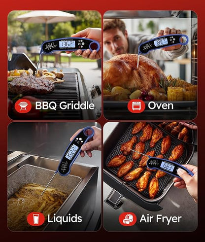 Digital Meat Thermometer, Instant Read Food Thermometer for Cooking, Blue | Fast Response, Waterproof, Backlit Display for Grilling, Air Fryer, Smoker, Kitchen Gadgets, Gift for Dad Men