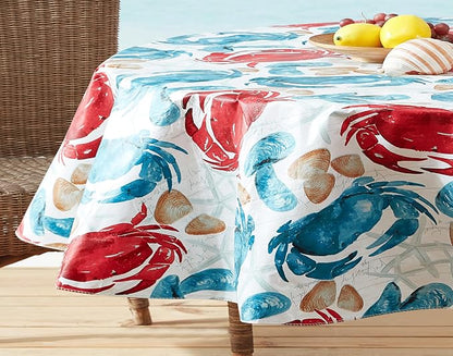 Newbridge Stone Crab Summer Vinyl Flannel Backed Tablecloth, 60 x 84 Inch Oval, Coastal Crab Print, Waterproof Indoor Outdoor Table Cover, Beach House Nautical Seafood Boil Patio Dining