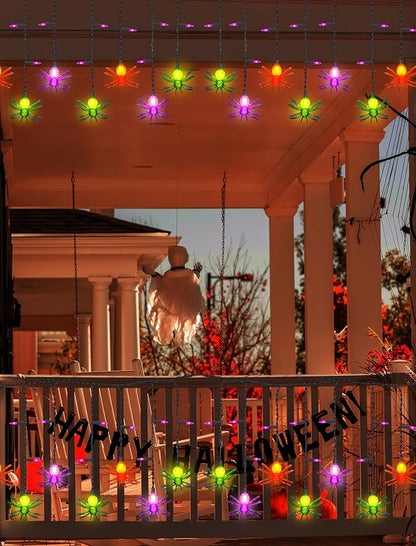 7Ft Halloween Spider Curtain String Lights Outdoor Waterproof, 25LED Plug-in Halloween Decorations with 10 Colorful Spider Lights, Spooky Party Decor for Haunted House, Patio, Porch, Yard, Window