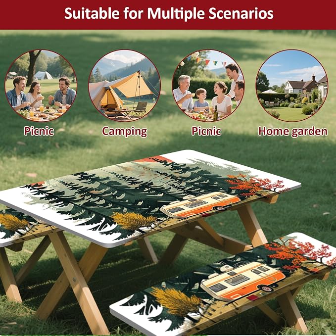 6ft 72in Picnic Table and Bench Cover, 3 Pack, RV Serenity | Drawstring Bag, Waterproof Windproof, Elastic Fitted Edges Tablecloth, for Rectangle Table & Seat, Camping Essentials RV Gear