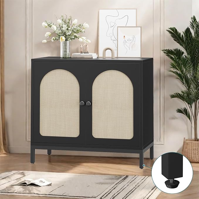 GarveeHome Rattan Sideboard Buffet Cabinet, Kitchen Storage Cabinet, Black | Rattan Doors and Adjustable Shelves, Boho Accent Liquor Coffee Buffet for Living Dining Room Hallway