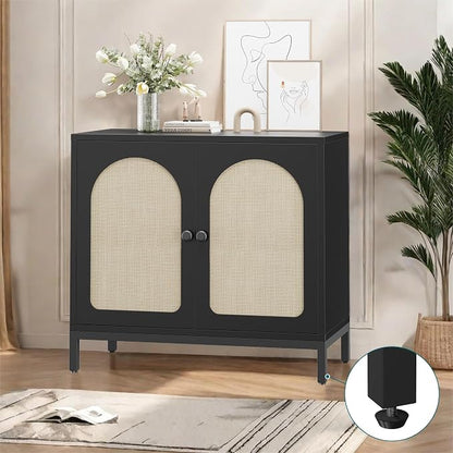 GarveeHome Rattan Sideboard Buffet Cabinet, Kitchen Storage Cabinet, Black | Rattan Doors and Adjustable Shelves, Boho Accent Liquor Coffee Buffet for Living Dining Room Hallway