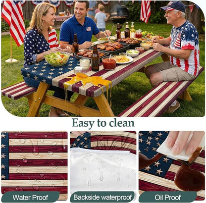 Picnic Table Cover Bench Covers Camping Essentials Tablecloth | Waterproof Vinyl for Outdoor, Windproof Elastic Fitted Edges, RV BBQ Accessories Must Haves, Storage Bag Included