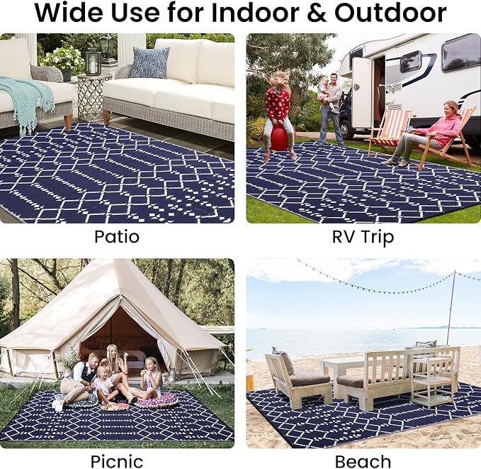 Smiry Outdoor Rug 6x9 ft Waterproof Reversible Boho Mat, Navy | Polypropylene Plastic Straw, Quick Drying, Lightweight Foldable, for Patio, Deck, RV Camping, Backyard and Indoor Outdoor Use