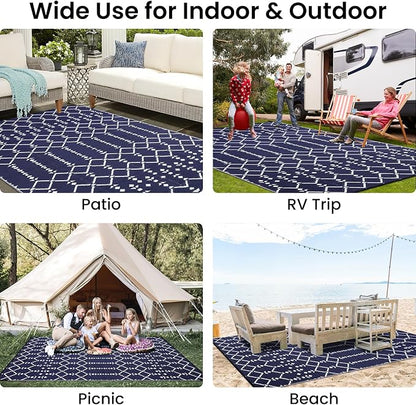 Smiry Outdoor Rug 6x9 ft Waterproof Reversible Boho Mat, Navy | Polypropylene Plastic Straw, Quick Drying, Lightweight Foldable, for Patio, Deck, RV Camping, Backyard and Indoor Outdoor Use