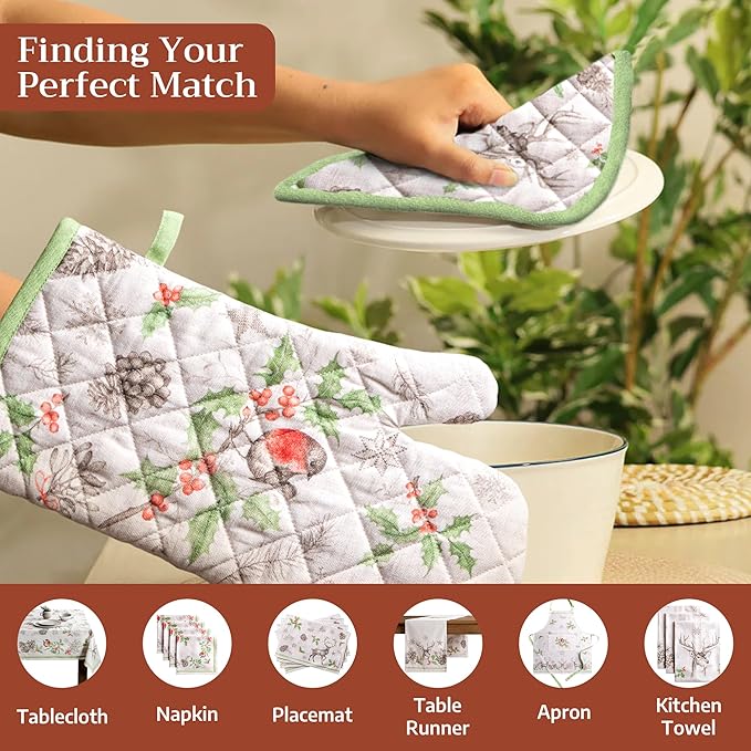 Maison d' Hermine Oven Gloves 100% Cotton Oven Mitt 7" x 13" with Loop Heat Resistant BBQ Cooking Gloves for Thanksgiving Christmas Decorations Baking Handling Hot Pans (Pack of 1, Christmas Dew)