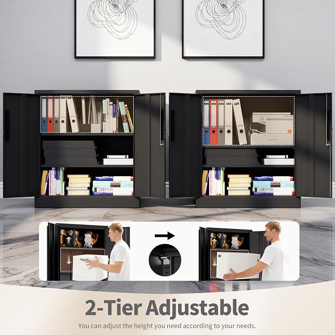 36" H Metal Cabinet with Lock, Lockable Storage Cabinet, Black | Storage Cabinet with 2 Doors and 2 Adjustable Shelves, Locking Steel Cabinet for Garage Office Home, 36"H x 16"D x 32"W