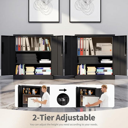 36" H Metal Cabinet with Lock, Lockable Storage Cabinet, Black | Storage Cabinet with 2 Doors and 2 Adjustable Shelves, Locking Steel Cabinet for Garage Office Home, 36"H x 16"D x 32"W