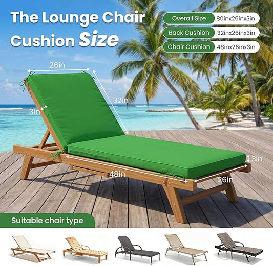 Chaise Lounge Cushions Outdoor, Water-Resistant and Fade-Resistant Patio Lounge Chair Cushions, Furniture Replacement Cushions Ideal for Pools, Gardens and Balconies, 80" x 26" x 3",Green