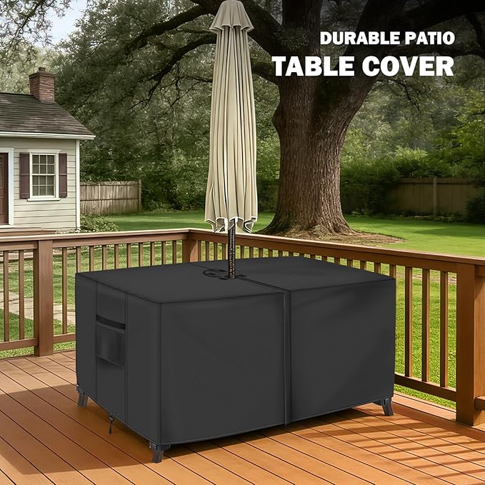 Rectangle Patio Table Cover with Umbrella Hole - 84"L x 44"W x 23"H (COVER SIZE，NOT TABLE SIZE) Heavy Duty Waterproof 600D Oxford Fabric Outdoor Lawn Patio Furniture Covers