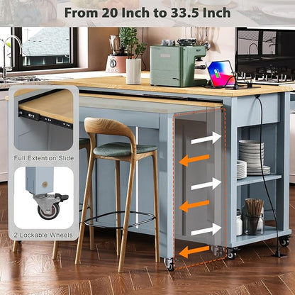 Ball & Cast Kitchen Island with Extendable Dining Table,Rubber Wood Veneer Kitchen Table W/Internal Storage Rack,Power Outlet & USB Ports,Kitchen Cart On Wheels W/2 Drawers & 2 Cabinets,Grey Blue,47"