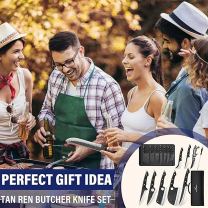 TAN REN 7PCS BBQ Knife Set, Professional Butcher Knives for Meat Cutting, Hand Forged Serbian Chef Knife, Viking, Boning, Skinning Knives & Poultry Shears, Idea Gift for Men Kitchen Outdoor Cooking
