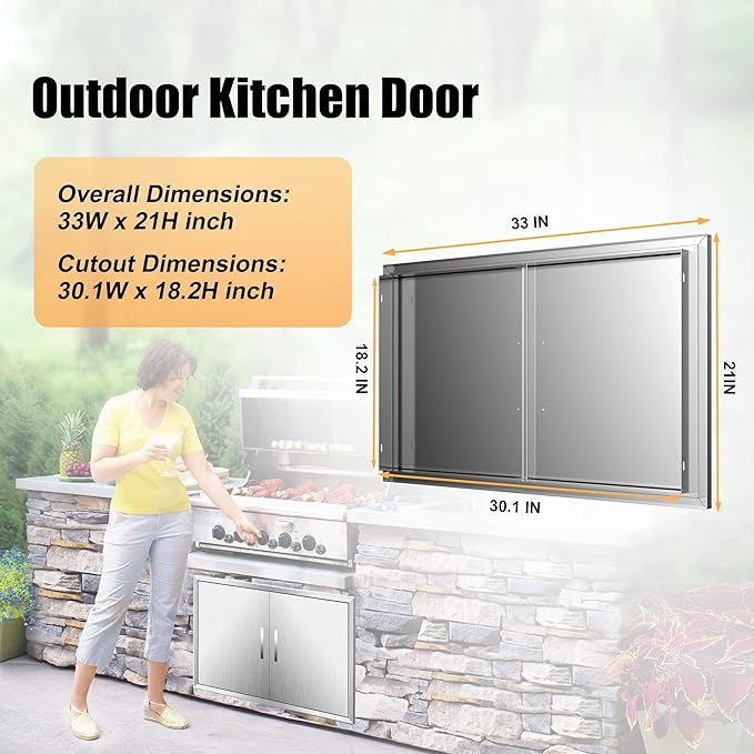 Outdoor Kitchen Doors 33W x 21H Inch, Double BBQ Access Doors 304 Stainless Steel for Outdoor Kitchen Cabinet Grill Station or BBQ Island