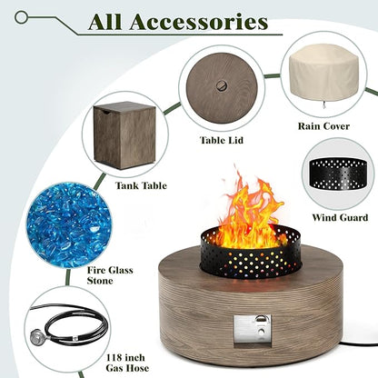 2-Piece Outdoor Propane Fire Pit Table Set w Tank Side Table 30'' Round Fire Pit Table w Wood Grain 2-in-1 Firepit Table for Outside Gas Fire Pit w 304 Stainless Steel Burner 50,000 BTU, Brown