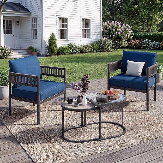 Grand patio 4-Piece Outdoor Conversation Set with 2 Single Chairs and 2 Patio Coffee Tables, Wicker Furniture Set, Peacock Blue