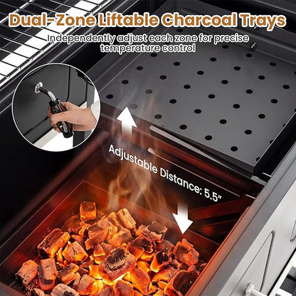 HAPPYGRILL Charcoal Grill, 752 sq.in Oversized Outdoor Smoker BBQ Grill with Individual Lifting Charcoal Trays, Folding Side Tables, Thermometer, Wheels, Bottle Opener & Protective Cover, Black