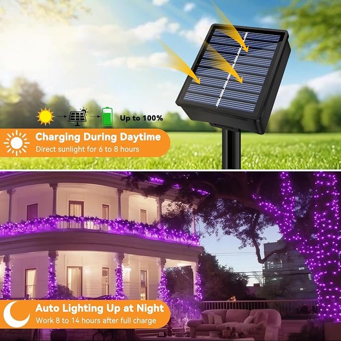 Solar String Lights Outdoor Waterproof 33ft 100LED 8 Modes Twinkle Lights Solar Fairy Lights for Patio, Garden Yard Party Wedding Tree Christmas Halloween Decoration, Purple