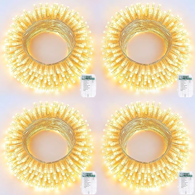 Pooqla 4 Pack String Lights Battery Operated, Total 66.6ft 200 LED Fairy Lights Indoor Outdoor Decorations, 8 Modes Warm White Battery Christmas Lights for Bedroom Classroom Porch Party Yard Decor