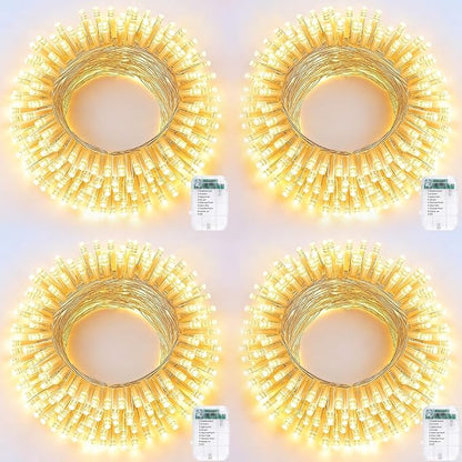 Pooqla 4 Pack String Lights Battery Operated, Total 66.6ft 200 LED Fairy Lights Indoor Outdoor Decorations, 8 Modes Warm White Battery Christmas Lights for Bedroom Classroom Porch Party Yard Decor