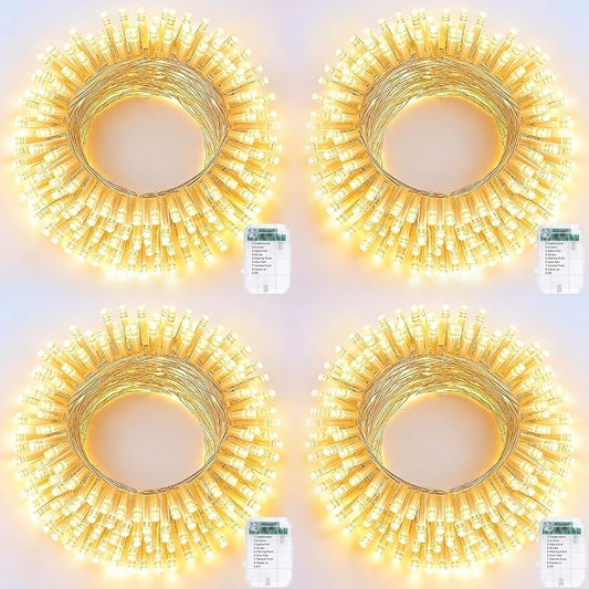 Pooqla 4 Pack String Lights Battery Operated, Total 66.6ft 200 LED Fairy Lights Indoor Outdoor Decorations, 8 Modes Warm White Battery Christmas Lights for Bedroom Classroom Porch Party Yard Decor