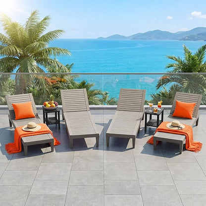 Outdoor Chaise Lounge Chairs Set of 4, 5-Position Adjustable Heavy Duty Tanning Loungers with Wood Texture, All-Weather Resin Patio Recliners for Pool, Garden, Deck, Beach, Grey
