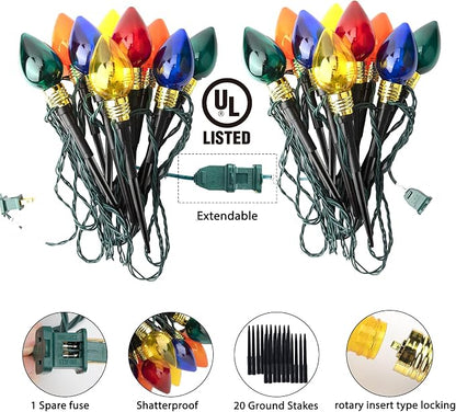 2 Pack C9 Christmas Pathway Lights Outdoor, Total 34.8Ft 20 LED Stake Light | Connectable C9 Pathway Lights, Waterproof Christmas Lights Outdoor for Walkway Yard Lawn Ground Sidewalk Driveway Decorations