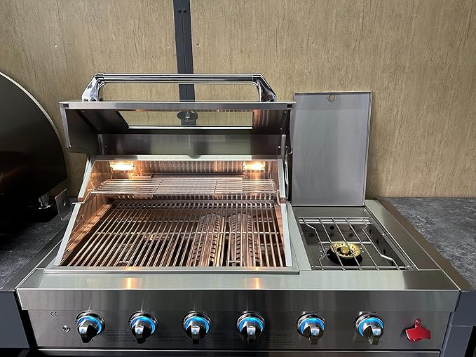 Outdoor Kitchen Island, Modular Outdoor BBQ Kitchen with Built-in Grill, Oven, Mini Fridge and Hand Washing Station, Automatic Lift Door Design with Ambient Lighting for Patio Backyard Outdoor Living
