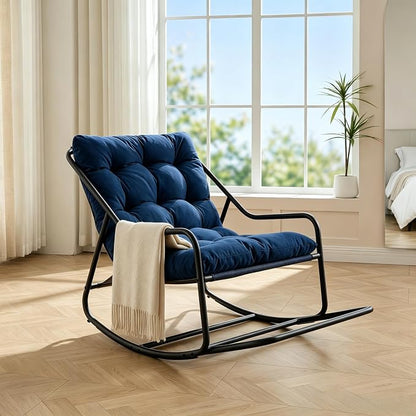 Outdoor Rocking Chairs, Metal Frame Outdoor Rocker with Footrest, Comfy Oversized Patio Chair with Thick Cushion, Reading Glider Lounge Chair for Living Room, Bedroom, Garden, Relax, Navy Blue