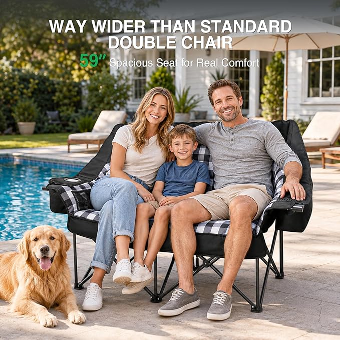 HOPERAN Double Camping Chair 800lbs Camping Couch Folding Loveseat, Black | 59" Wide Seat, 600D Fabric, Thickened Padding, Cooler Bag, Side&Rear Pocket, Cup&Wine Glass Holder, for Lawn Patio Beach
