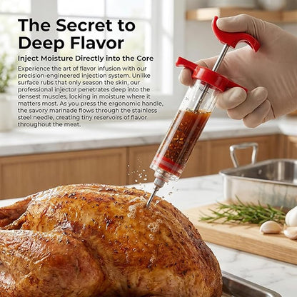 Li&Zhao Meat Injector Syringe Kit - 1-Oz Capacity with 3 Stainless Steel Needles, Cleaning Brush, Silicone Basting Brush-Essential Turkey Baster Syringe for Moisture-Infused BBQ, Smoked Meats, Pork