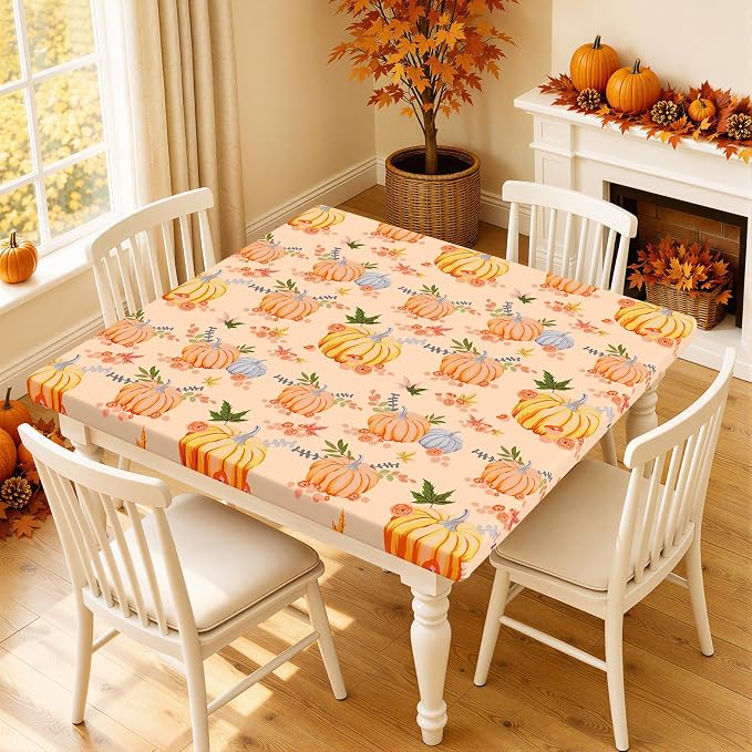 Smiry Thanksgiving Fitted Table Cover, Flannel Backed Vinyl Tablecloth | Waterproof Elastic Stretch Table Cloth, Wipeable Plastic Tablecloth for Autumn Harvest & Parties (Yellow & Orange, 42" x 42")