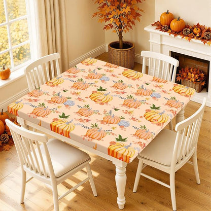 Smiry Thanksgiving Fitted Table Cover, Flannel Backed Vinyl Tablecloth | Waterproof Elastic Stretch Table Cloth, Wipeable Plastic Tablecloth for Autumn Harvest & Parties (Yellow & Orange, 42" x 42")