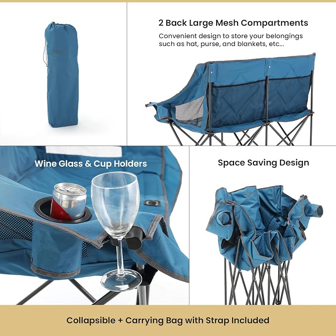 ARROWHEAD OUTDOOR Portable Folding Double Duo Camping Chair Loveseat | 2 Cup and Wine Glass Holder, Heavy-Duty Carrying Bag, Padded Seats and Armrests, Supports up to 650lbs, Beach, Tailgating