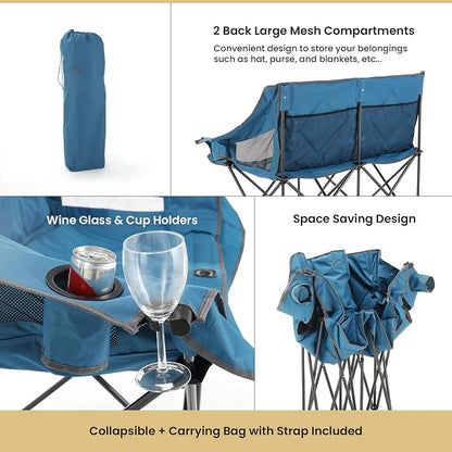 ARROWHEAD OUTDOOR Portable Folding Double Duo Camping Chair Loveseat | 2 Cup and Wine Glass Holder, Heavy-Duty Carrying Bag, Padded Seats and Armrests, Supports up to 650lbs, Beach, Tailgating