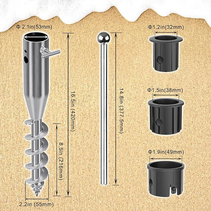 Dolibest Heavy Duty Beach Umbrella Sand Anchor, Portable Screw-in Ground Anchor & 3 Sleeves (Fits 1-2" Poles), Windproof Beach Umbrella Stake, 2.2'' Fully Welded Spiral Design for Ultimate Stability