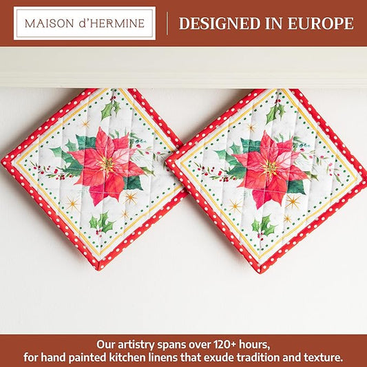 Maison d' Hermine Pot Holders Set 100% Cotton Heat Resistant Potholders 8" x 8" Hot Pads with Loop for Thanksgiving Christmas Decorations Baking Handling Hot Pans (Pack of 2, Poinsettia Christmas)